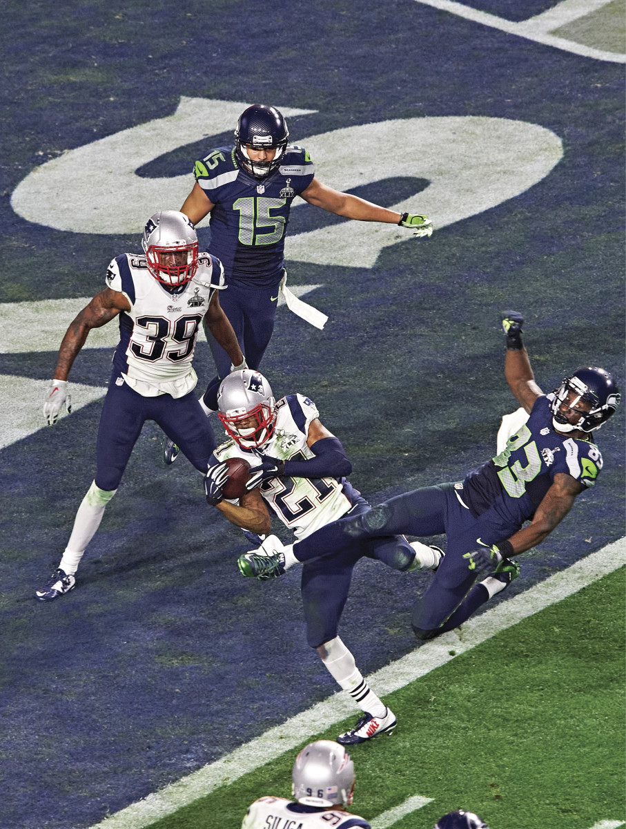 SEATTLE SETTLED The Malcolm Butler pick (top) in XLIX was the last pass the Seahawks threw in a Super Bowl, but Wilson and Carroll (below) have returned to the playoffs five times since.